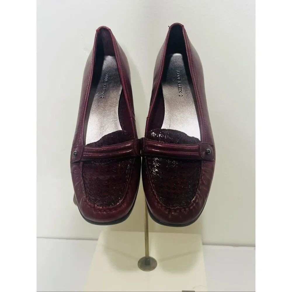 Anne Klein 2 Visone Burgundy Leather Houndstooth Loafers Sz 6M